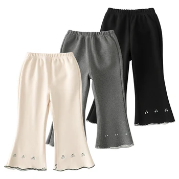 Winter Baby Warm Leggings Child Plush Trousers Teens Britches Spring Kids Cherry Embroidery Pants Autumn Girls Fashion Flares 1