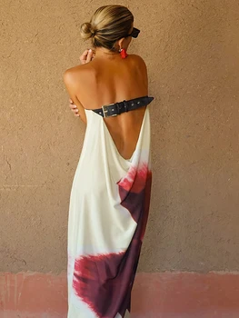 JULISSA MO Sexy Strapless Print Floral Belt Women Maxi Dress Yellow Backless Vacation Dress Summer Loose Elegant Party Beachwear 1