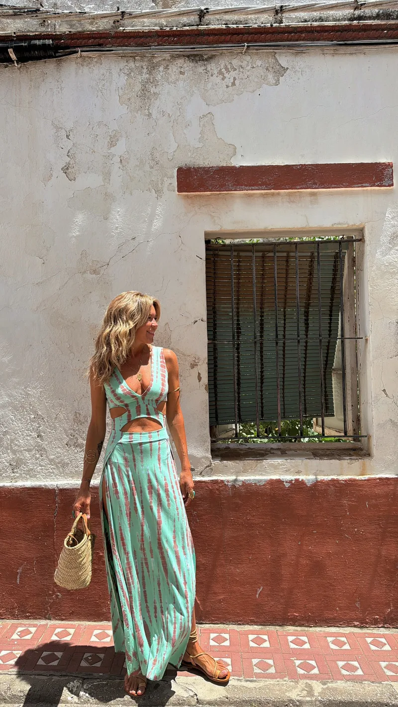 Fashion Print Slim Sleeveless Long Dresses Women Sexy V-neck Hollow Out Backless Bodycon Package Hip Slit Dress Vacation Vestido