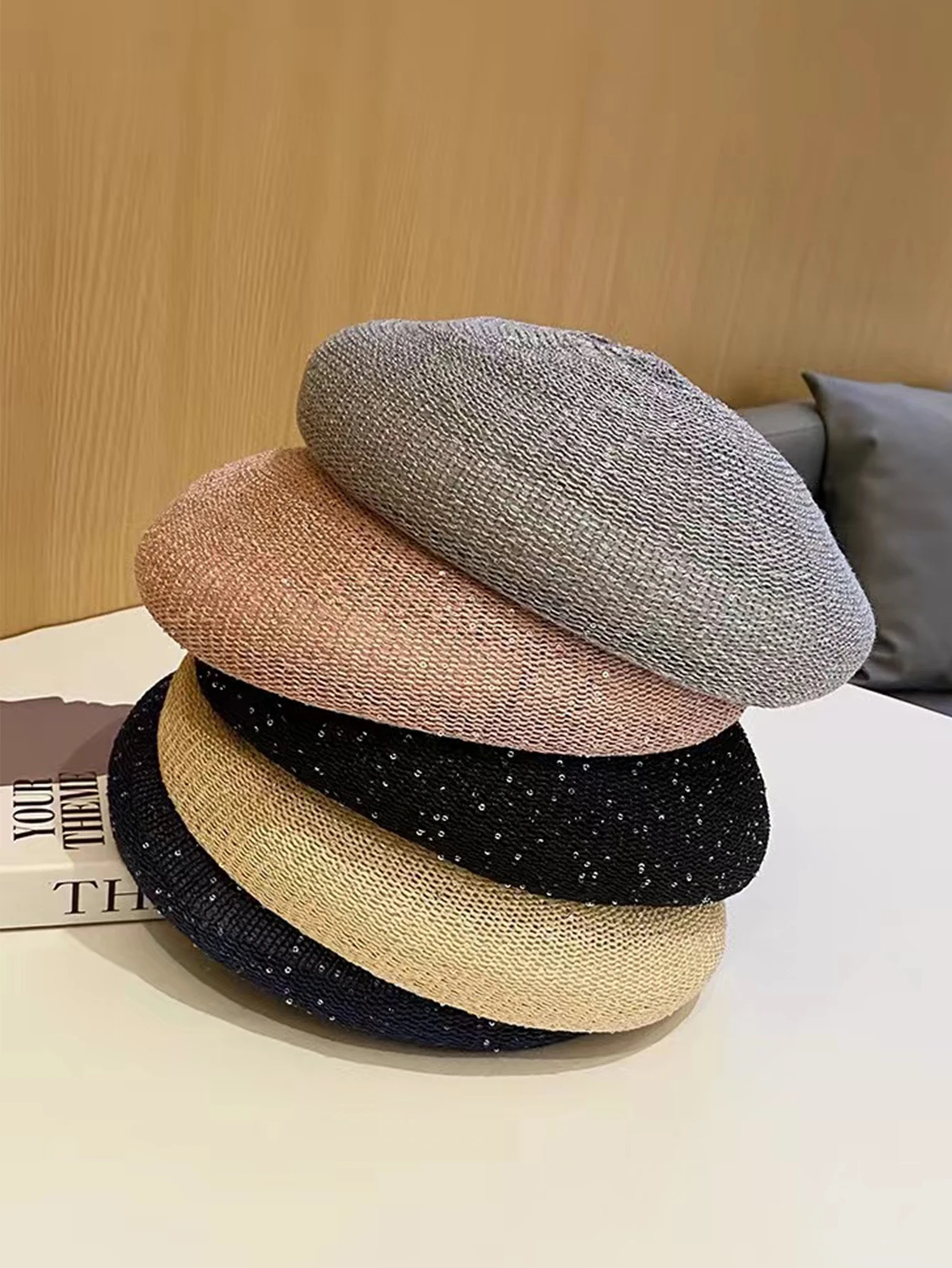 Hot Sale Spring and summer new cut-out sequin berets, thin cloud adjustable size, knitted breathable hundred painter hats, women_voghion.com