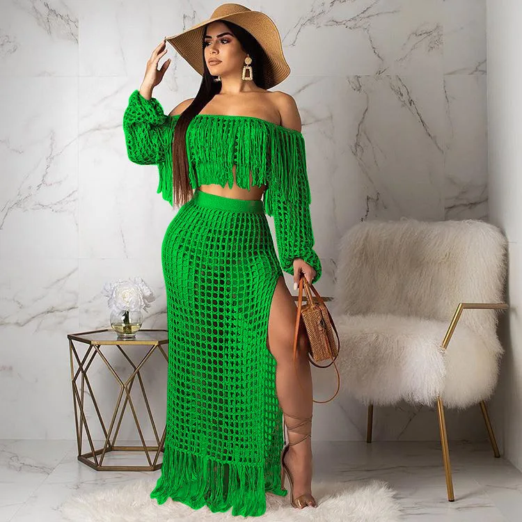 2023 New Beach Bath Outlet Women Long Sleeve Top And Split Maxi Skirt With Tassel Cover Up Lace Hollow Out Word Leisure Suit