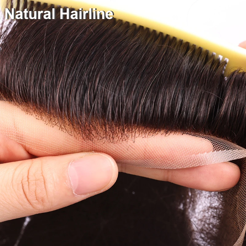 Full Lace Toupee Men Breathable Capillary Prothesis Natural Hairpeice 6" Human Hair Replacement System Straight Wave Wig Man