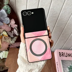 Vibrant Color Block Leather Magnetic Phone Case with Magsafe Wireless Charging Compatibility - Galaxy Z Flip5 (Pink)