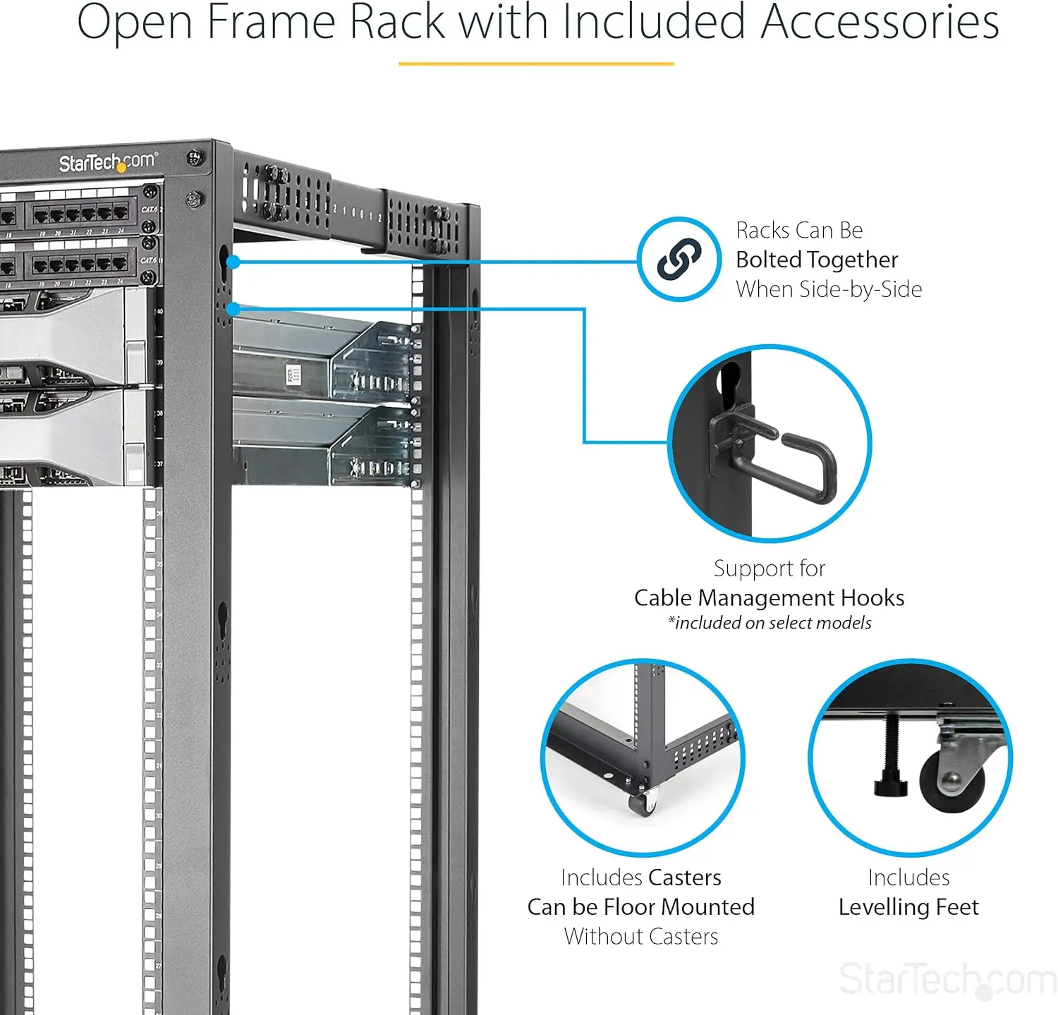4-Post 42U Mobile Open Frame Server Rack, 19in Network Rack with Wheels, Rolling Rack for Computer AV/Data IT Equip