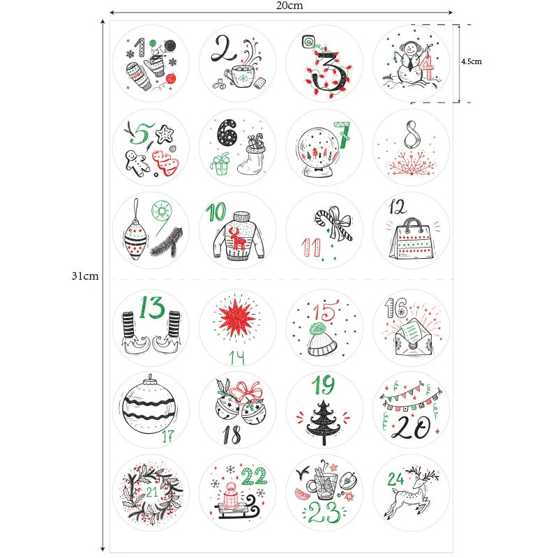24Pcs/Set Merry Christmas Advent Calendar Number Paper Sticker Cookie Candy Seal Stickers DIY Gift Packaging Labels Xmas Decor