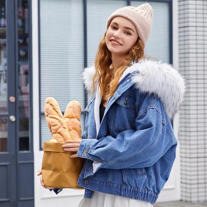 

Winter Women's Coat Casual Short Cashmere Denim Fur Collar Thickened Warm Cotton-padded Jacket