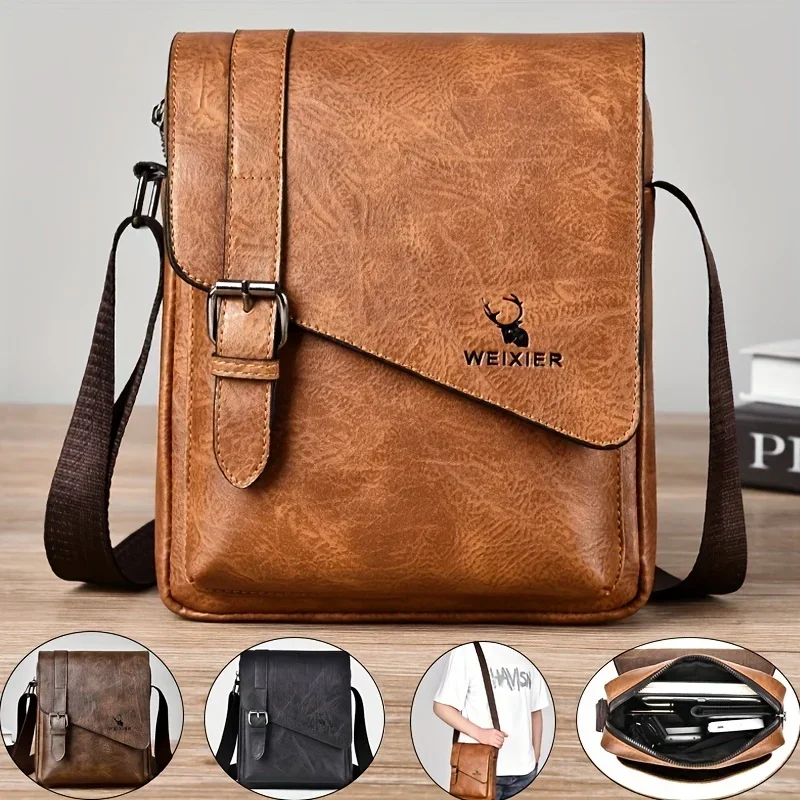 Men's Vintage Casual Crossbody Bag, Versatile Business Shoulder Bag, PU Leather Messenger Bag for Men Fashion Flip Cover Handbag