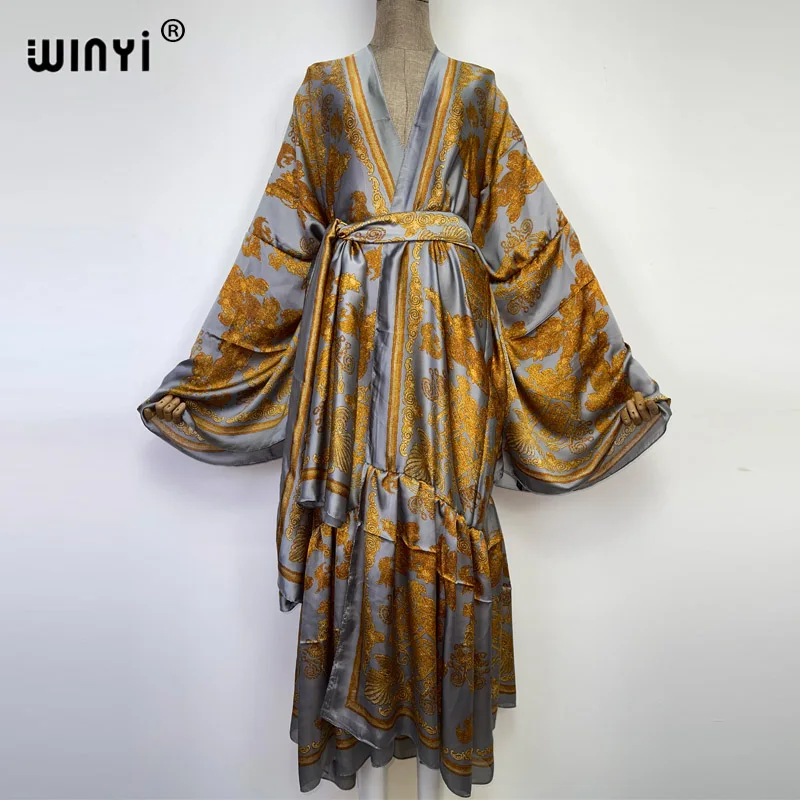 2022 WINYI Middle East Daily prom dress Positioning printing Self Belted Women Summer Clothing Kimono Dress Beach Wear Cover Up