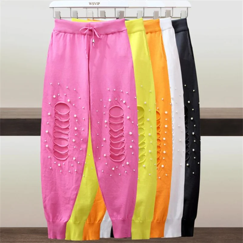 

Брюки женские спортивные с высокой талией, повседневные эластичные шаровары с бусинами и дырками