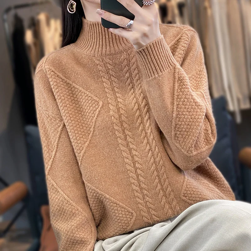2024 Women's Cashmere New Retro High Quality Fashion Half High Collar Pullover Autumn and Winter New Solid Color Cashmere Pullov 5