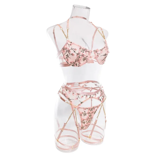 Embroidered Flower Lingerie Three Piece Set 10