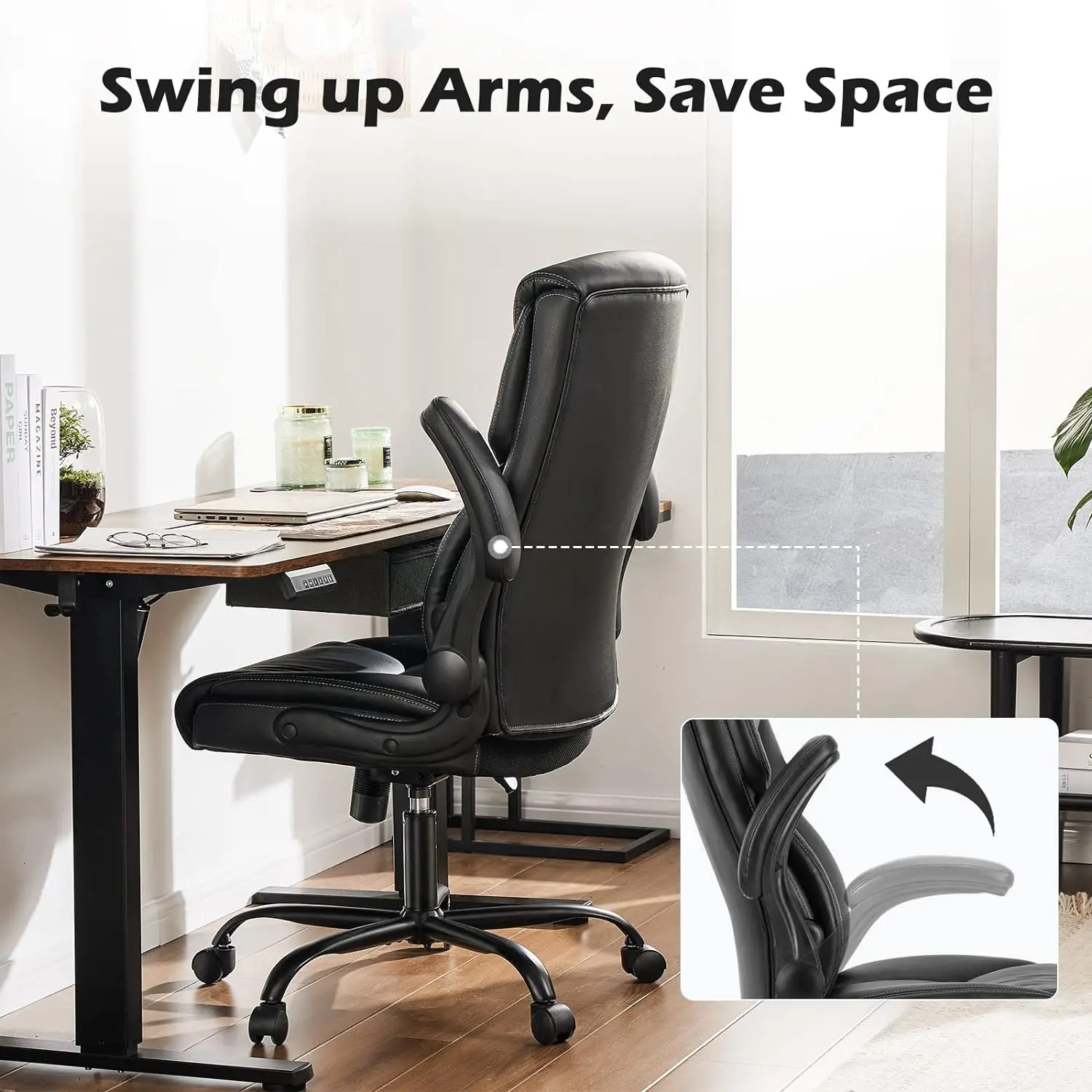 Office High Back PU Leather Executive Computer Desk Lumbar Support Flip up Armrest Gaming Rolling Chair with Wheels Black 5