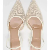 Elegant Mesh Embroidered Flowers Designer Heeled Sandals Women 2025 Summer Sexy Slingback Pointed Toe Thin High Heels Dress Shoe 5