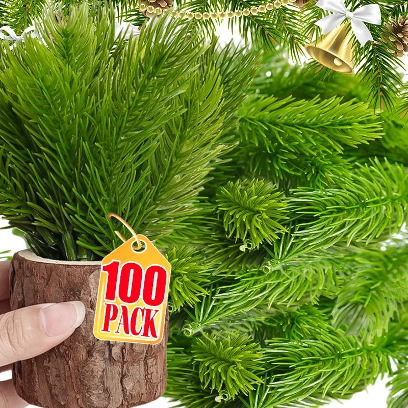 100/10Pcs Christmas Artificial Pine Needles Fake Pine Branches DIY Garland Green Leaves Plant Flowers Home Xmas Party Decoration