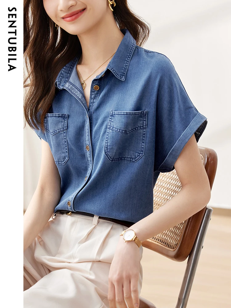 SENTUBILA 100% Lyocell Denim Shirts Women 2023 Summer Casual Fashion Button Down Short Drop Sleeve Women's Straight Jean Tops