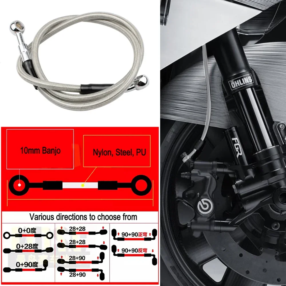 Hydraulic Brake Hose 100mm~5000mm Motorcycle Braided Steel Hydraulic Brake Clutch Oil Hose Brake Line for Bikes Motocross Street 10mm Banjo 0&deg;-28&deg;-90