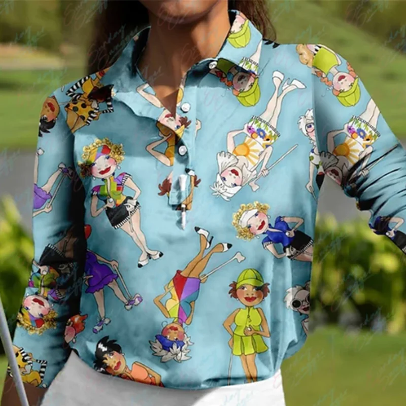 Golf Polo long-sleeved shirt women's breathable quick-drying sweat-absorbent cartoon print autumn and winter tennis golf top