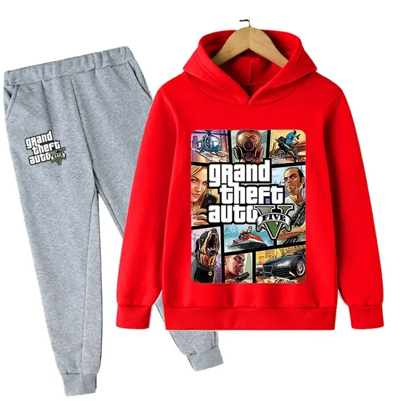 thumbnail image 1 of Conjunto de 2 piezas de sudaderas con capucha y pantalones largos de dibujos animados para niños, juego de Gta 5, ropa para niños de 4 a 14 años, chándal de otoño, 1 of 5