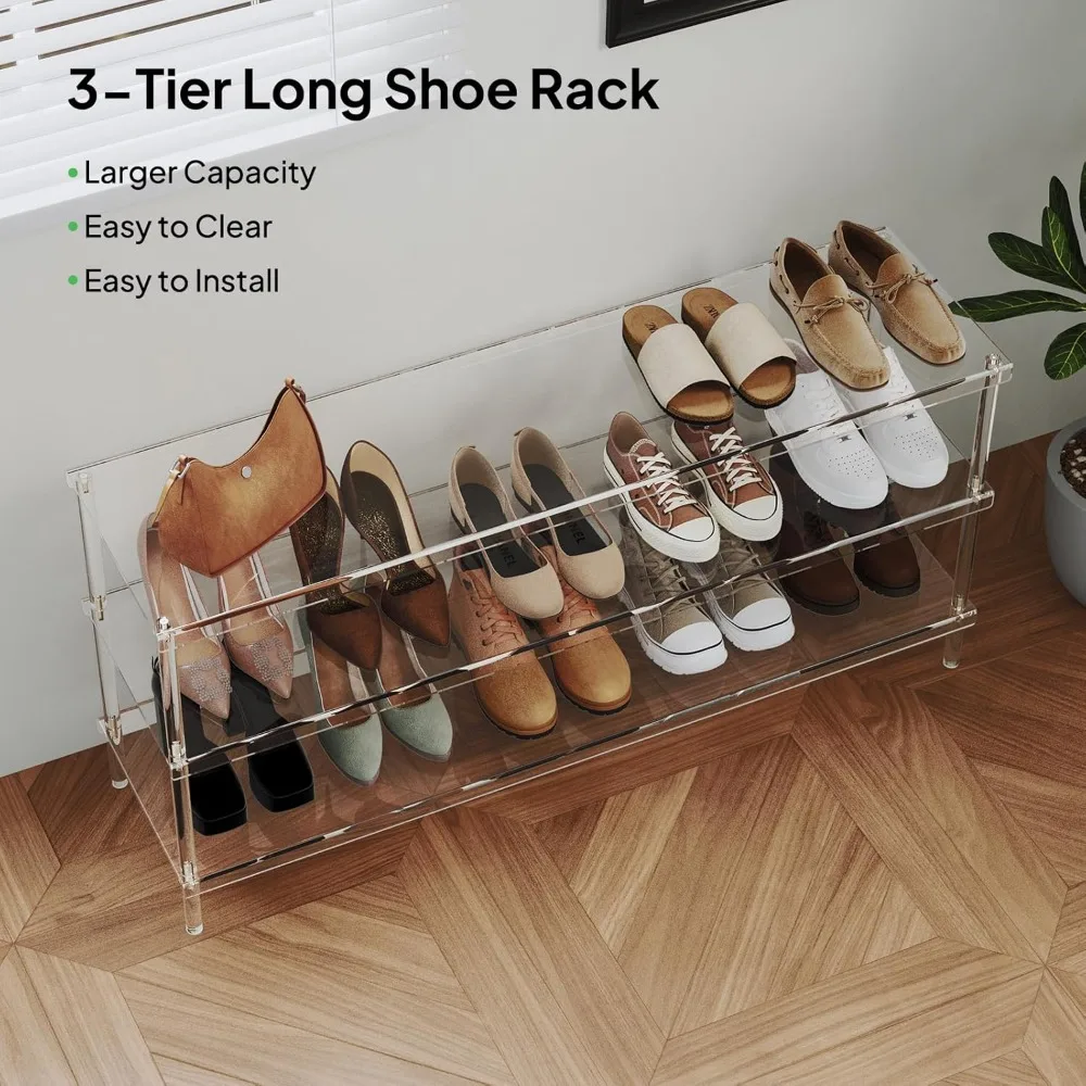 acrylic 3-tier long shoe rack - clear wide shoe rack for closet - entryway shoe storage organizer - 42.7'‘ l x 11.8'' w x 20.5'