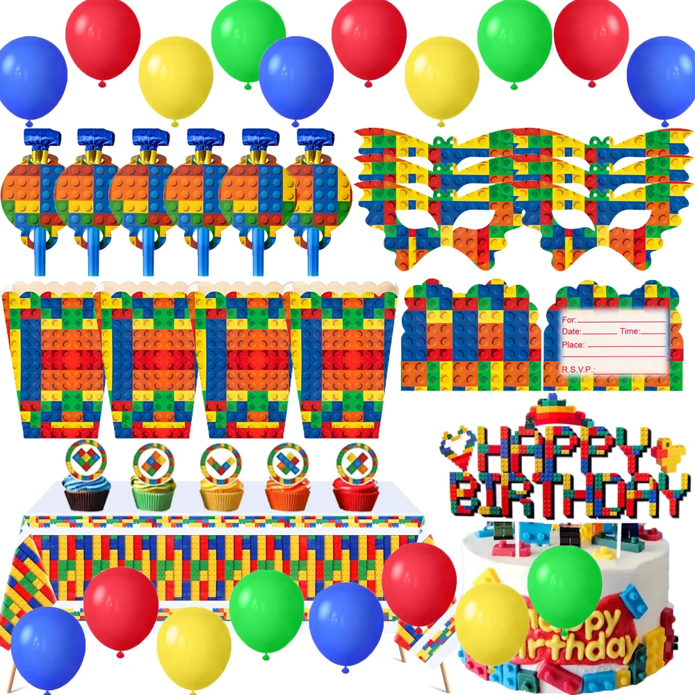 Building Blocks Colorful Party Decorations Tableware Set Gift Cards Cake Topper Balloon Toys For Kids Birthday Party Supplies party supplies