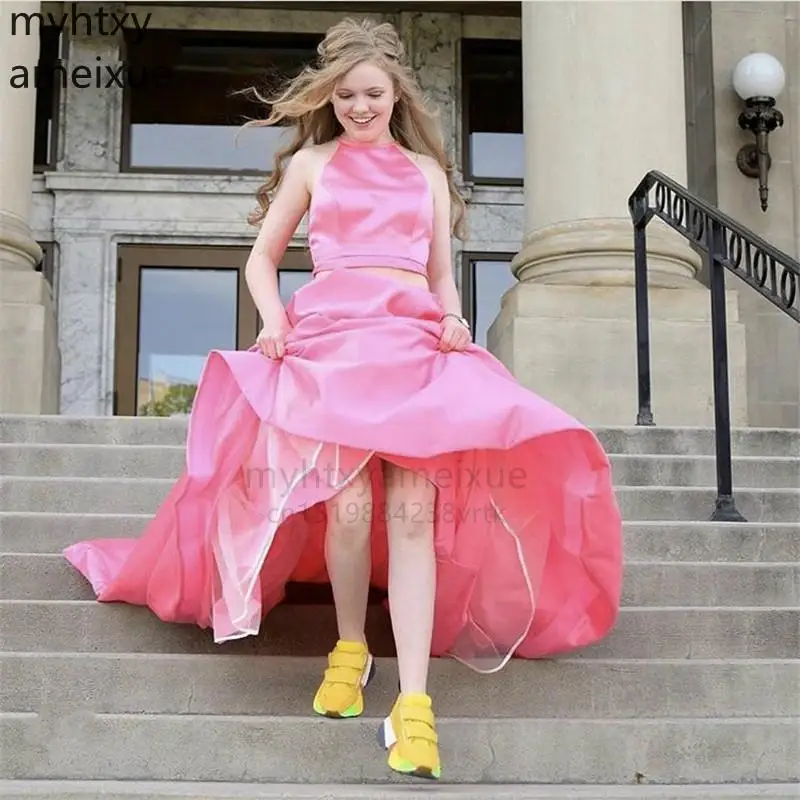 

Long Sexy Two Piece Pink Sleeveless Plus Size Evening Dresses Halter Zipper Back Silk Satin Robe De Soiree Event Dress 2022