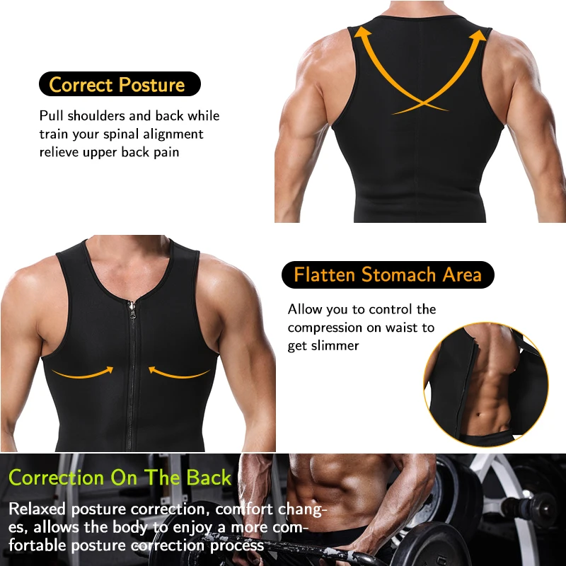 Men Waist Trainer Vest for Weight Loss Neoprene Fitness Corset Body Shaper Zip Sauna Tank Top Workout Shirt Sauna Suit Plus Size
