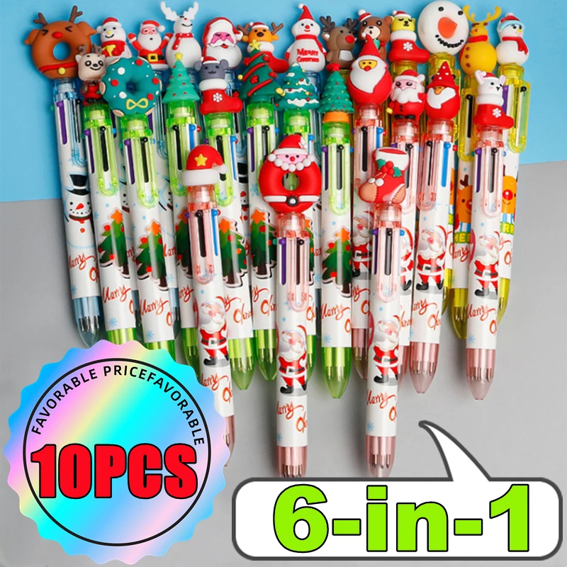 Retractable Multicolor Pen Christmas Ballpoint Pen 6 in 1 Santa Claus Xmas Tree Student Reward Christmas Party Favor Gift 10-1PC ballpoint pen color pen set colored pens