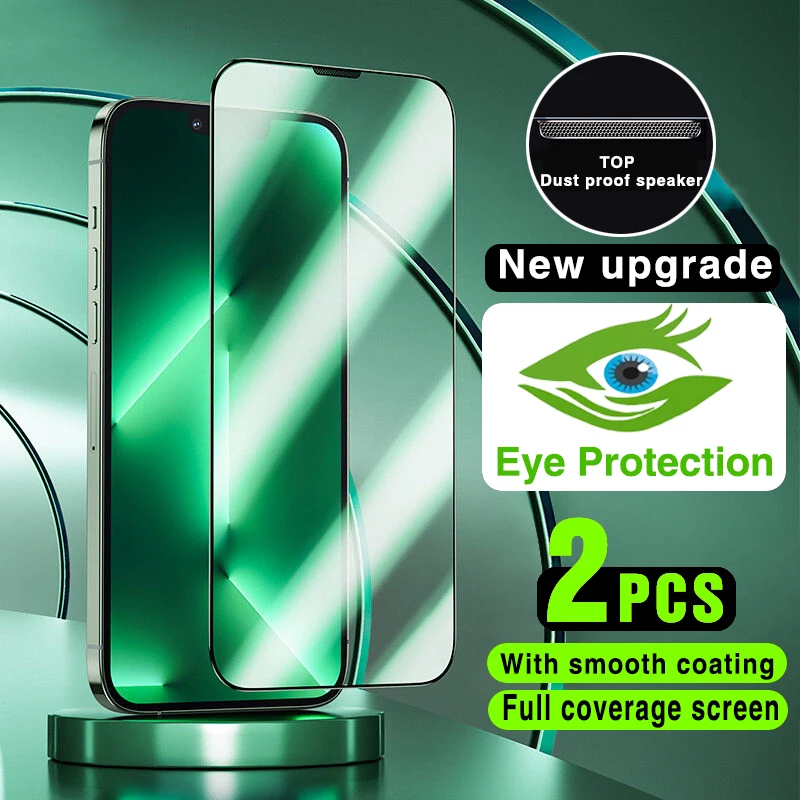 2PCS Green Light Eye Protection Screen Protector on For iPhone 14 13 12