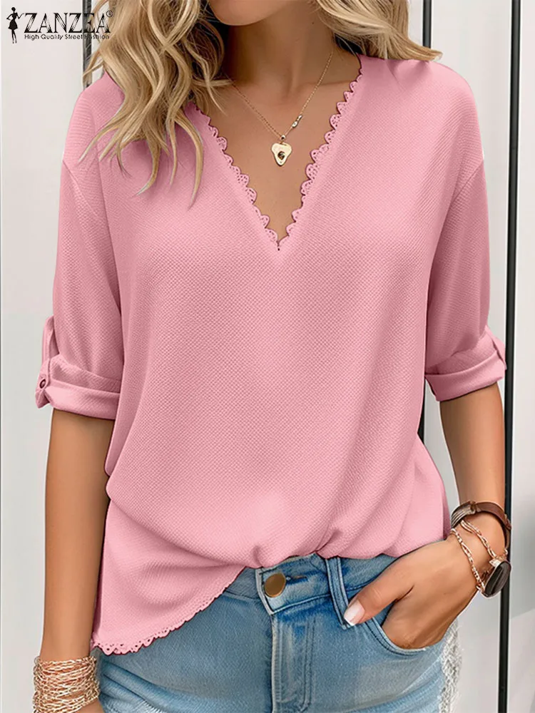 

ZANZEA Women Solid Color Shirt V Neck Party 2024 Fashion Summer Blusas Elegant Long Sleeve Casual Lace Trim Tops Holiday Blouse