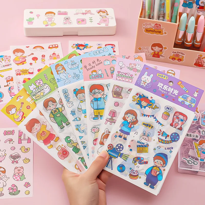 Cartoon  Happy Hour Stickers Student Diary Characters Small Stickers Children DIY Hand Account Cute Decorative Material Stickers