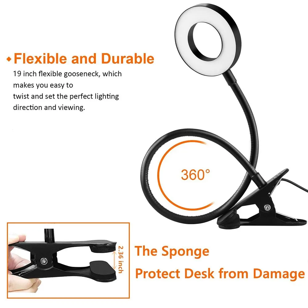 USB Book Light Clip Desk Lamp with Adjustable Brightness and Flexible Gooseneck