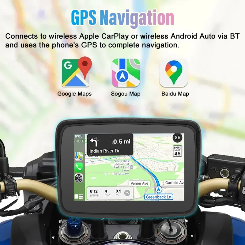 차량용 오토바이 GPS 내비게이션, IPS 스크린 방수, IX67 오토바이, 특수 무선 카플레이, 안드로이드 자동 GPS 내비게이션, 5 인치