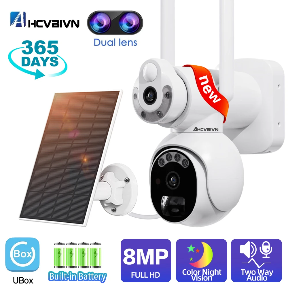 

4K 8MP Dual Lens Color Night WIIF PTZ Solar Camera Battery PIR Human Tracking Outdoor Security CCTV Surveillance IP Camera UBOX