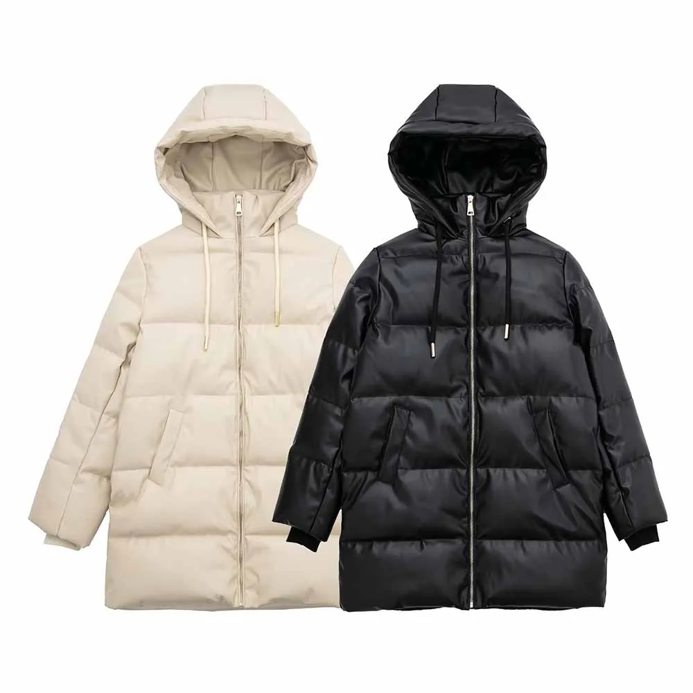 

WOMEN TRAF 2023 New Fall/Winter Fashion Hooded Imitation Leather Cotton-padded Jacket Casual Warm Retro Female Chic Coat 8072230