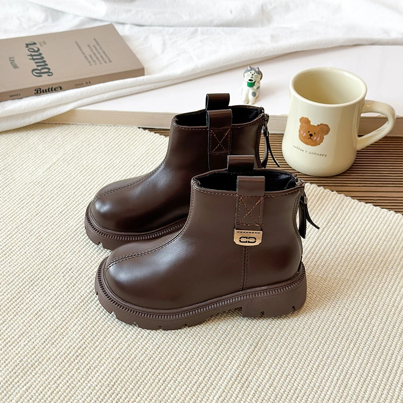 Girls Leather Ankle Boots Winter Kids Thick Sole Non Slip