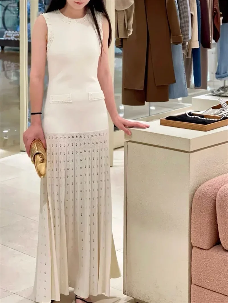Pearls Decorated Women Round Neck Sleeveless Splicing Knitted Dress or Short Knitted Jacket 2025 Early Spring New Women's Suit 2