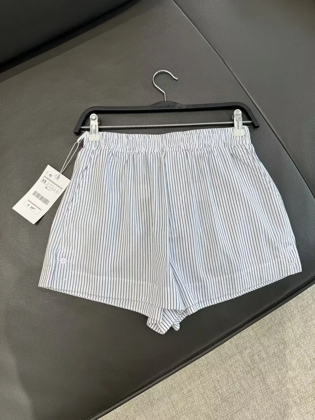 

Women's 2024 New Chic Fashion Side Pocket Casual Versatile Striped Shorts Retro Mid Rise High Elastic Waist Women's Shorts Mujer