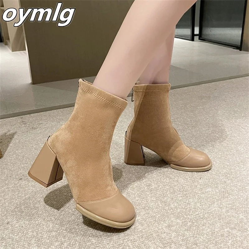 Slim and Versatile Slim Boots 2023 Winter New Thick High Heel Round Head Panel Elastic Suede Short Boots for Women