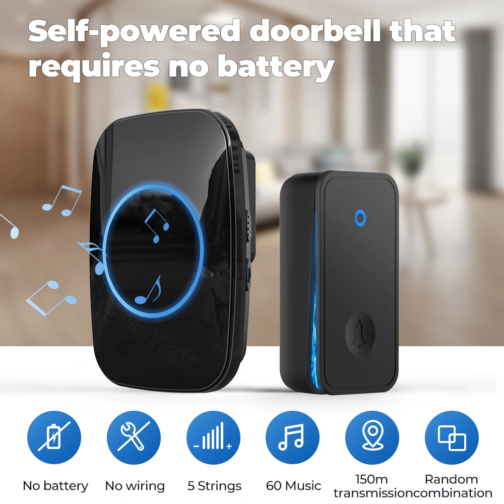 Wireless Doorbell Self Powered Waterproof Wireless DoorBell Door Bell Chime Ring No Battery Electric EU UK US Plug Smart Home 1 2 Button Receiver
