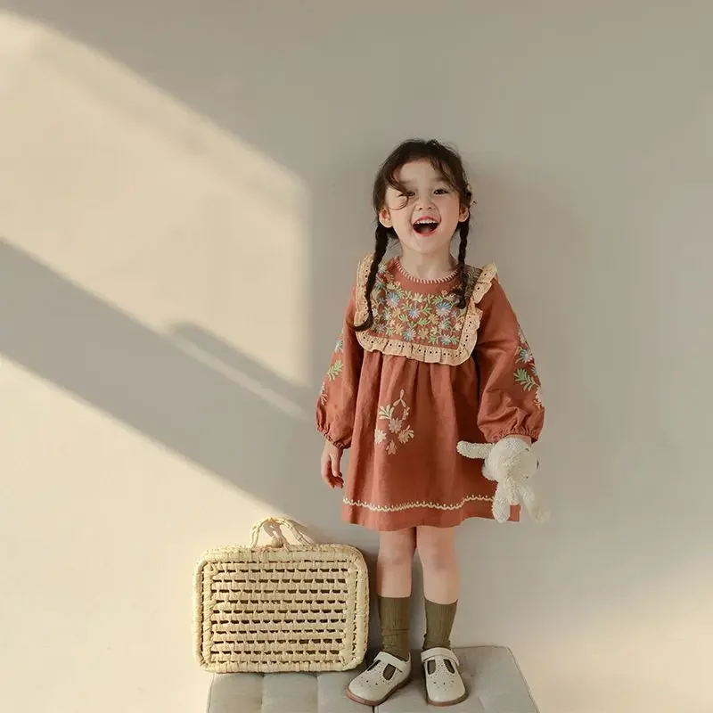 여아용 레이스 자수 드레스, 할로우 아웃 레트로 플로럴 러블리, 달콤한 공주 스타일, 키즈 의류, 2023 용수철, 여름 신상