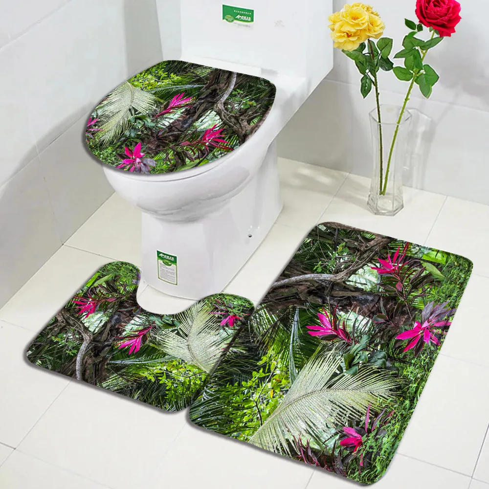 Tropical Leaves Bath Mat Set Green Palm Leaf Monstera Black Carpet Home Bathroom Decor Non Slip Rugs U-shaped Toilet Lid Cover