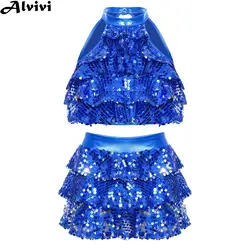 Kids Girls Street Jazz Latin Dance Performance Dancewear Sleeveless Shiny Sequin Crop Top with Culottes for School Party Show