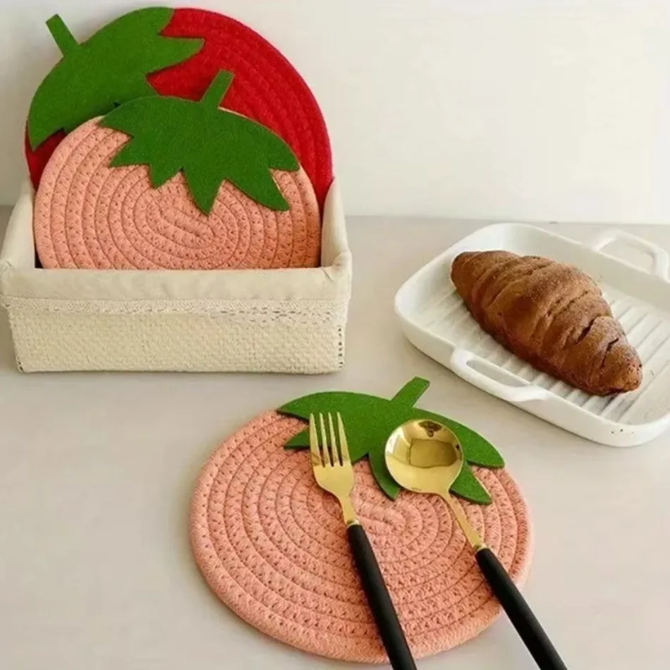 Cute Fruit Series Cotton Rope Meal Mat Non-Slip Coaster Jacquard Technique Heat Insulation Mat Featuring Strawberry Pumpkin Leaf
