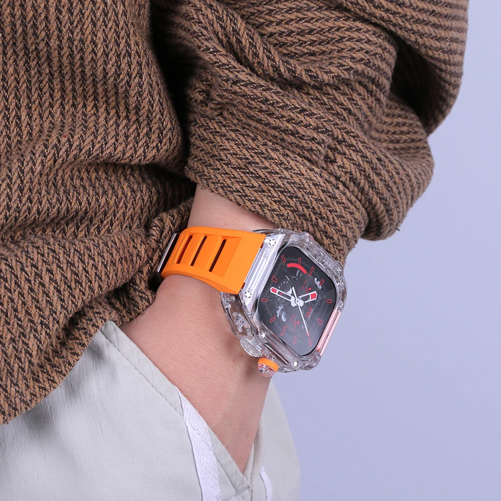 49mm Luxury Transparent Case Modification Kit for Apple Watch Ultra 49mm 8 7 45mm for Iwatch Series 7 6 5 4 SE 44mm Rubber Strap