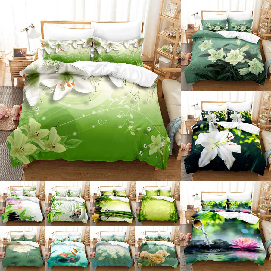 

Green Flower Duvet Cover Set Double Bed With Pillowcase Lotus Bedding Set King Size 3pcs 2pcs Single Twin Full 200x200 220x240cm