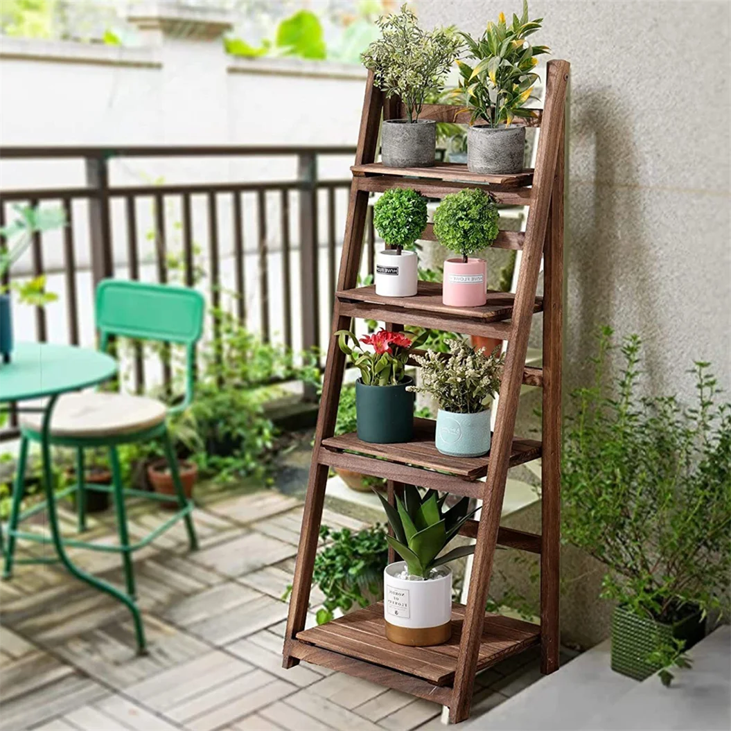 4 Tiers Wooden Flower Display Stand Ladder Storage Shelf for Indoor Outdoor — view 4