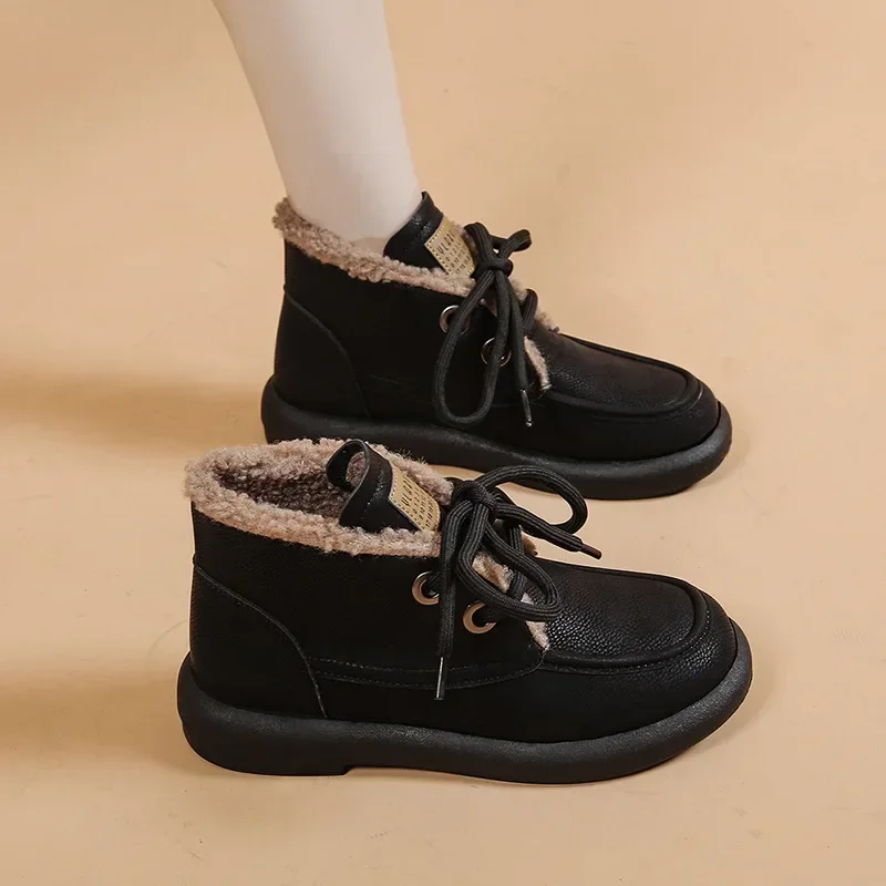 

Black Elegant Shoes for Woman with Low Heels Women's Snow Boots Laces Lace-up Booties High Platform Ankle Leather Boot Female Pu