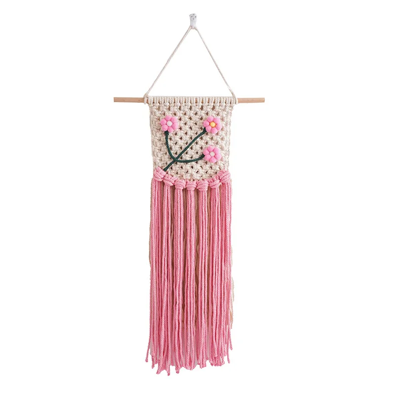 

Pink Hand-woven Tapestry with Flower Tassel Wall Hanging Children's Princess Room Decoration Bohemian Macrame