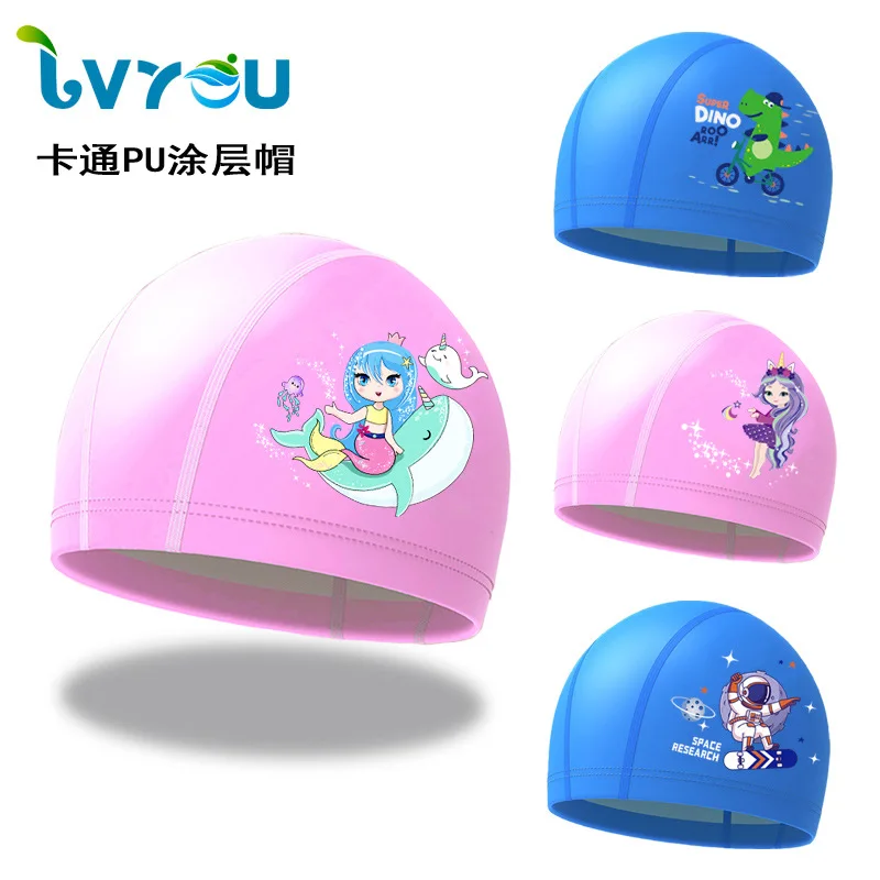 Children's Swimming Cap Cute Cartoon Printed Coated Swimming Cap Waterproof Ear Protector PU Swimming Cap for Boys and Girls 3