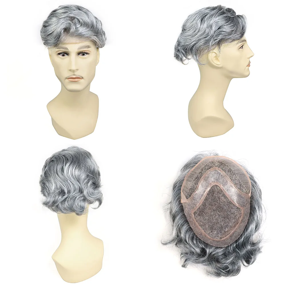1B80 Toupee 남성용 파인 모노 웨이브 가발, 인모 교체 시스템, 남성용 보형물, 8x10 회색 헤어피스 유닛